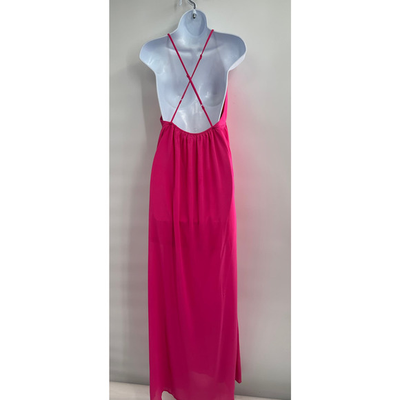 Lush Hot Pink Lasercut Strappy Crisscross Back Overlay Maxi Dress LargeNWOT - Picture 7 of 8